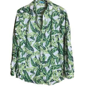 J McLaughlin Green Tropical Leaf Button Up Shirt Resort Blouse S
